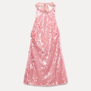 ZARA NEW WOMAN SHORT SEQUINNED HALTER NECK DRESS OPEN-BACK PINK size M